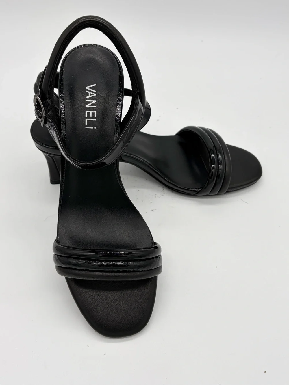 Vaneli Black Twisted Strap Mid-Heel Sandals
